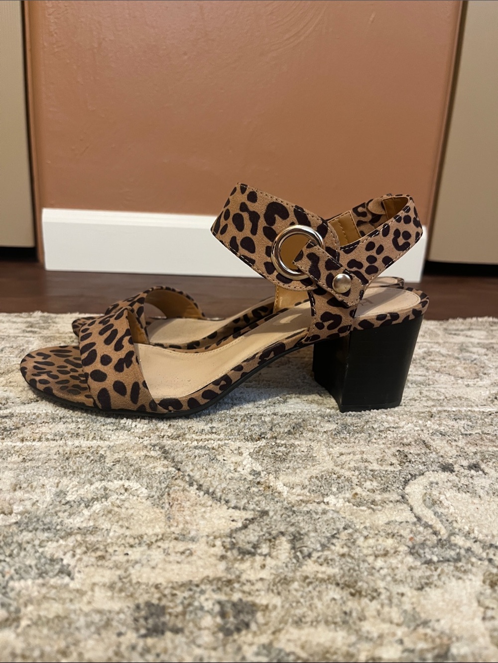 Bar III Leopard Print Block Heel Sandals in Tan and Black
